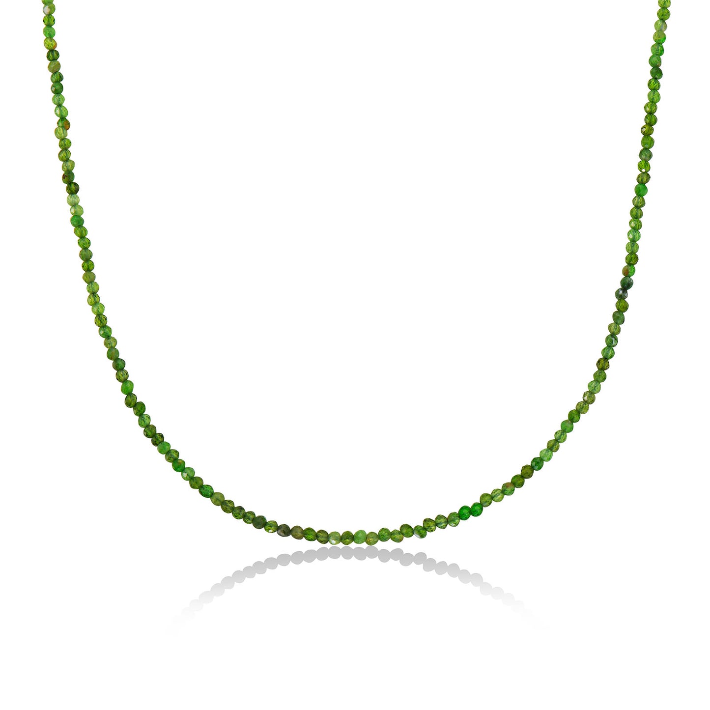 Shimmering beaded necklace made of 2mm faceted opals in shades of green on a gold linking lobster clasp.