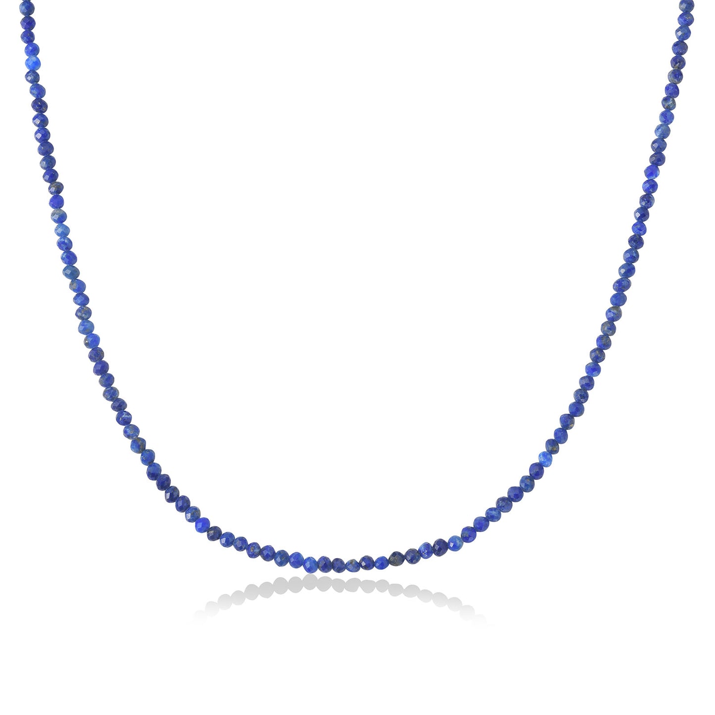 Shimmering beaded necklace made of 2mm faceted opals in shades of blue on a gold linking lobster clasp.