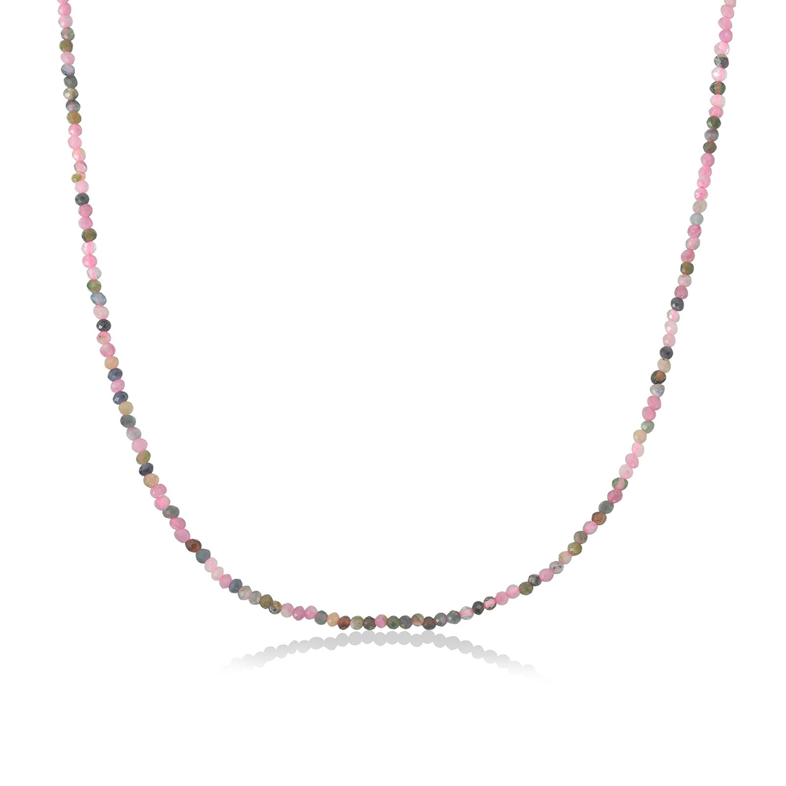 Shimmering beaded necklace made of 2mm faceted opals in shades of pink, green, light blue, and white on a gold linking lobster clasp.
