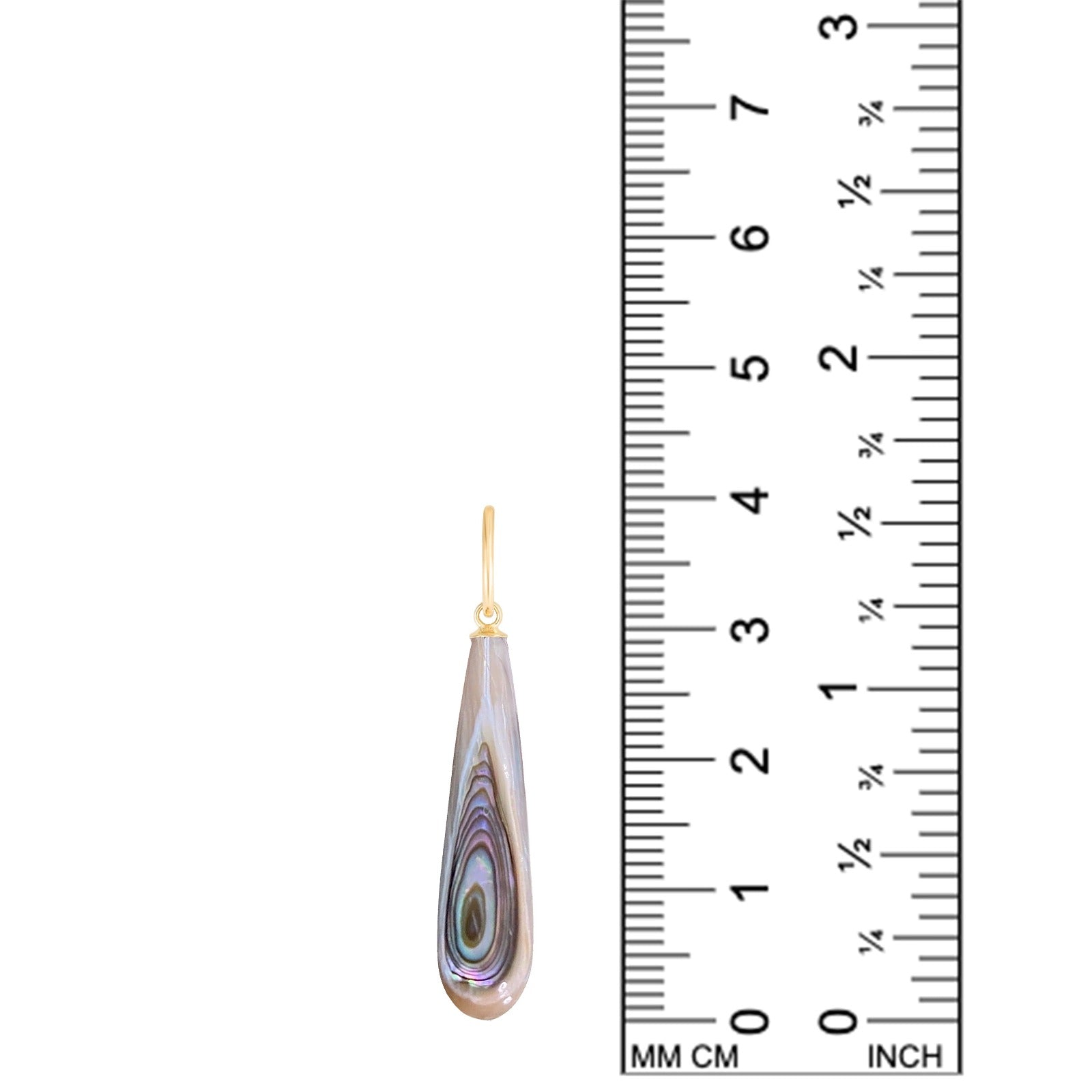 Paua Teardrop Charm on a white back ground with a ruler measuring, 40mm tall