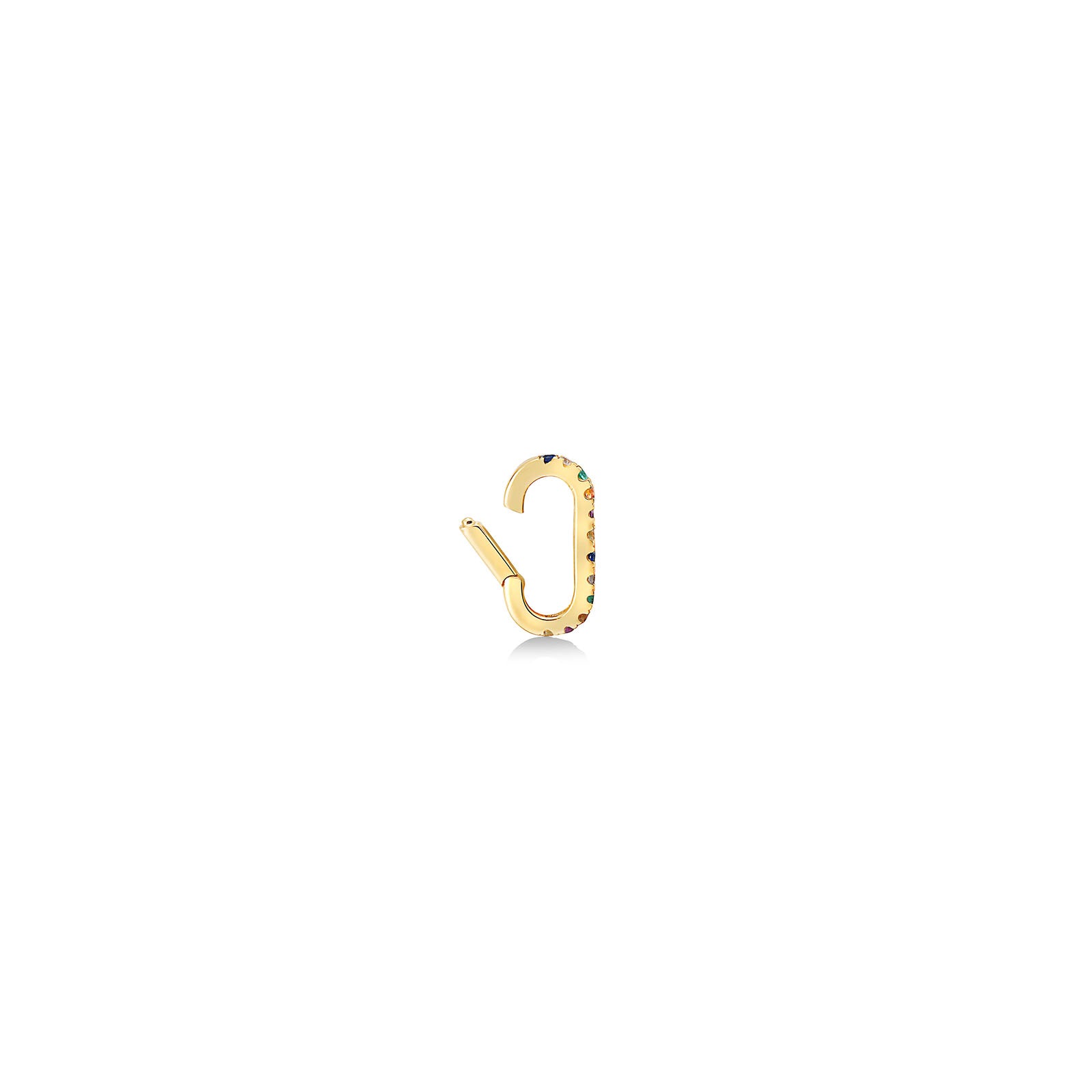 14k yellow gold small oval locking charm with rainbow colored stones.