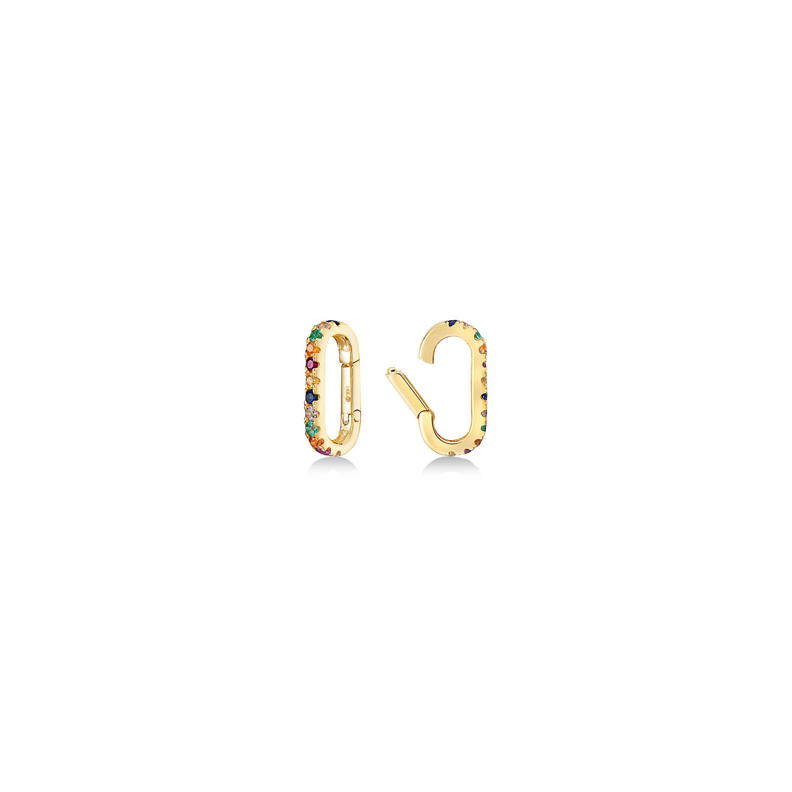 14k yellow gold small oval locking charm with rainbow colored stones.